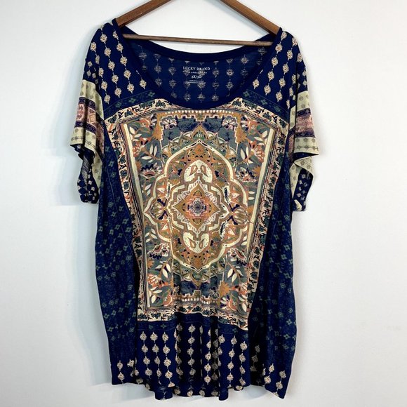 Lucky Brand Top Womens 3X Navy Blue Floral Pattern Knit Short Sleeve Tee Shirt - Picture 8 of 8